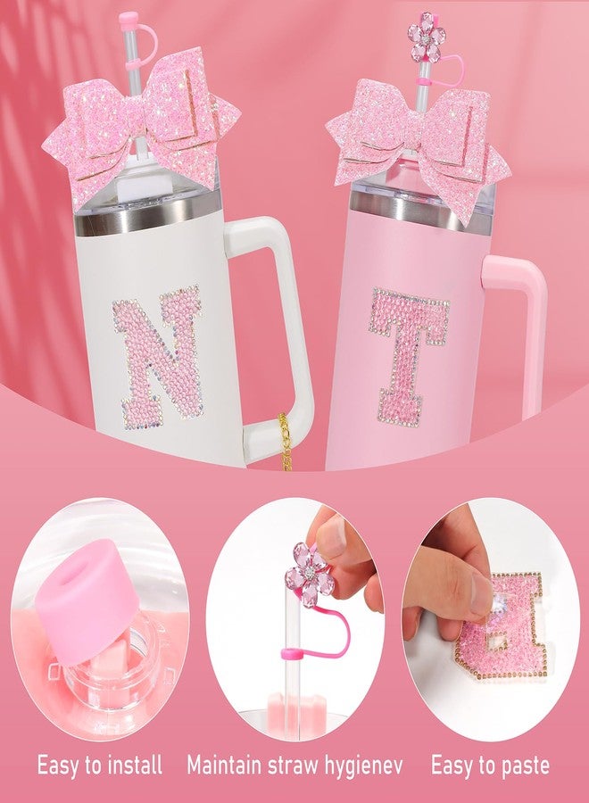 Coiris 8 Pcs Stanley Cup Accessories Set Letter Pink Bow Charms for 40 oz and 30 oz Cups Tumbler Charms and Attachments Tumbler with Hot Pink Stanley Cup Accessories Set（TZ0001-Pink T） - Image 4